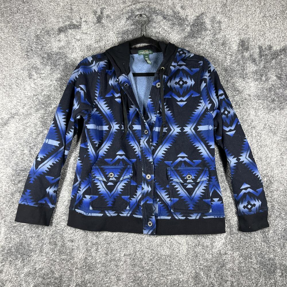 Lauren Jeans Co. Jacket Womens L Blue Hooded Lined Fleece Geometric Pockets